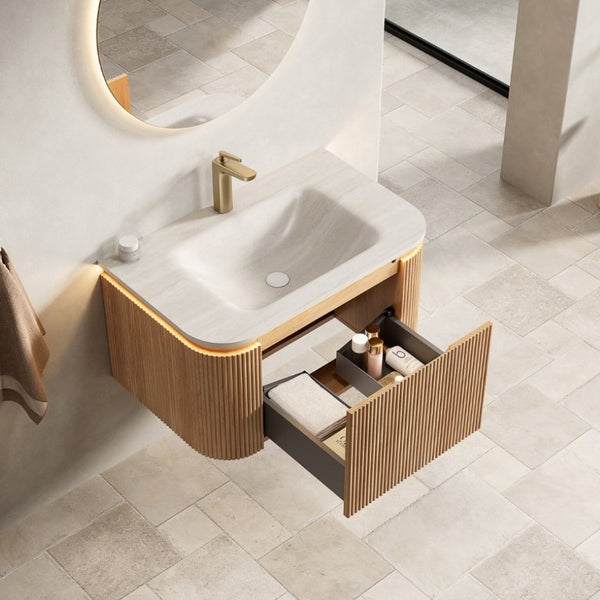 English Elm Dien Floating Bathroom Vanity Sintered Stone Basin Sensor LED Woodgrain Striped Cabinet W2615P503256