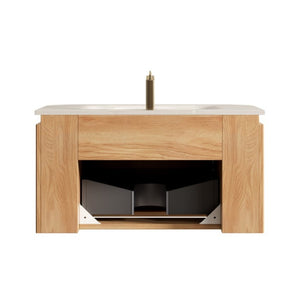 English Elm Dien Floating Bathroom Vanity Sintered Stone Basin Sensor LED Woodgrain Striped Cabinet W2615P503256