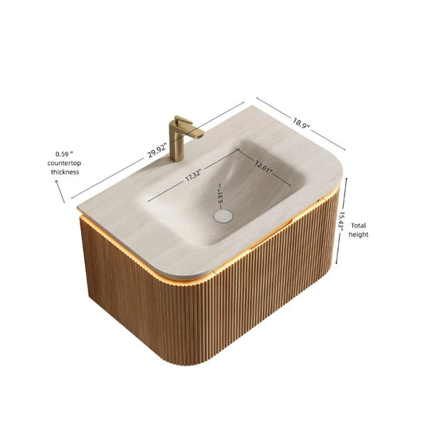 English Elm Dien Floating Bathroom Vanity Sintered Stone Basin Sensor LED Woodgrain Striped Cabinet W2615P503256