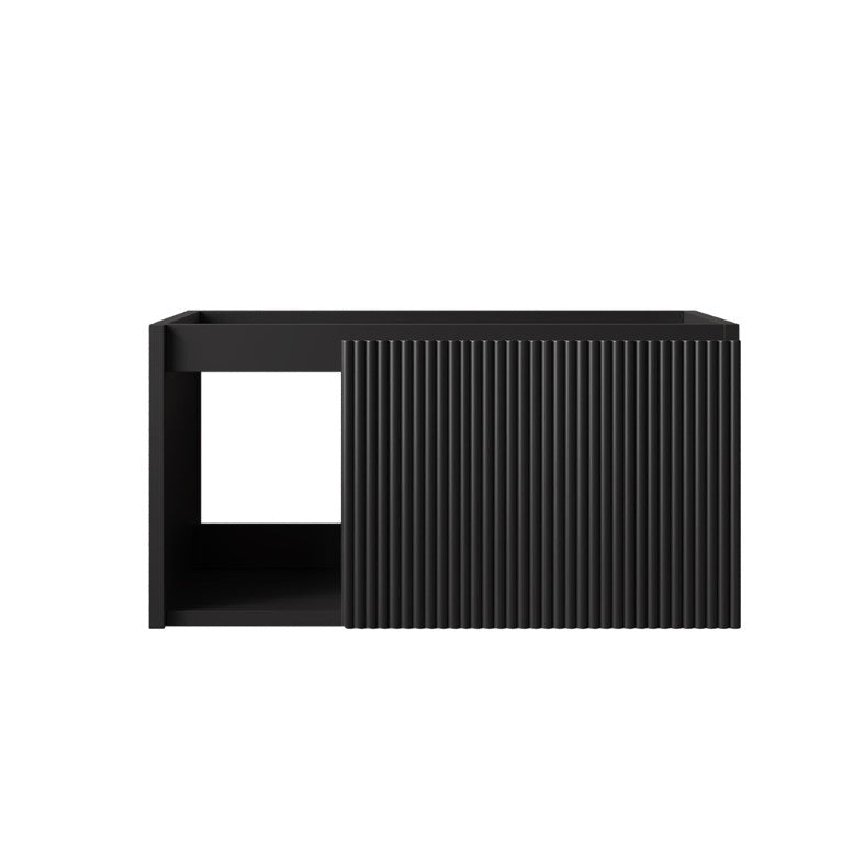 English Elm Eiden Floating Wall Cabinet with Striped Door Open Shelf Walnut Bathroom Storage Black 30 inches MDF W2615P506472