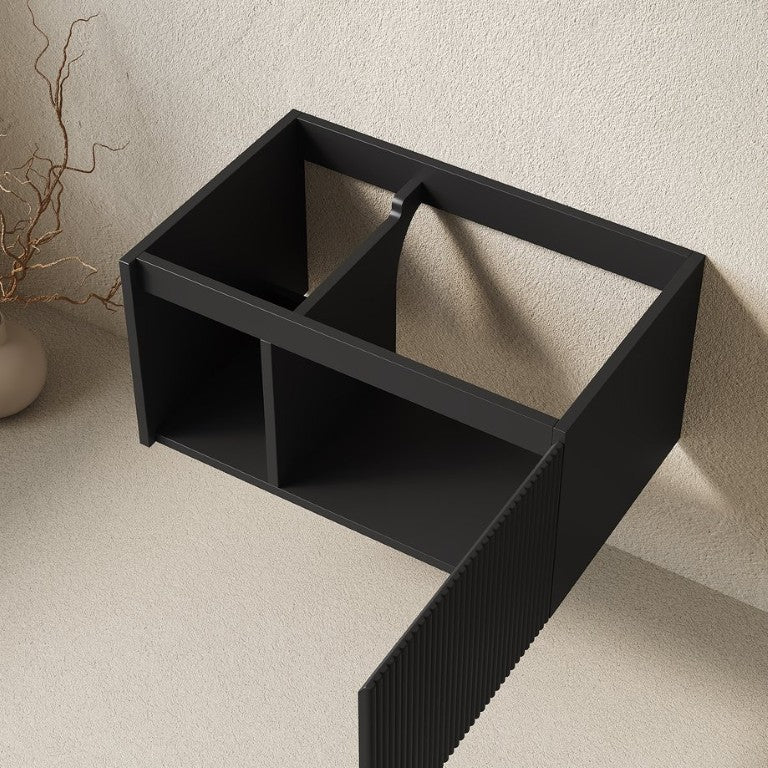English Elm Eiden Floating Wall Cabinet with Striped Door Open Shelf Walnut Bathroom Storage Black 30 inches MDF W2615P506472