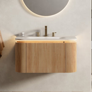 English Elm Dien Floating Bathroom Vanity Sintered Stone Basin Sensor Led Woodgrain Drawer W2615P516635