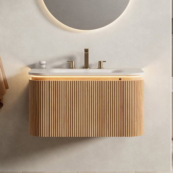 English Elm Dien Floating Bathroom Vanity Sintered Stone Basin Sensor Led Woodgrain Drawer W2615P516635