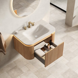 English Elm Dien Floating Bathroom Vanity Sintered Stone Basin Sensor Led Woodgrain Drawer W2615P516635
