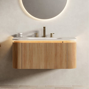 English Elm Dien Floating Bathroom Vanity Sintered Stone Basin Sensor LED Woodgrain Drawer W2615P516636