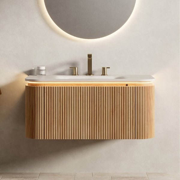 English Elm Dien Floating Bathroom Vanity Sintered Stone Basin Sensor LED Woodgrain Drawer W2615P516636