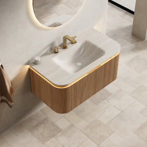 English Elm Dien Floating Bathroom Vanity Sintered Stone Basin Sensor LED Woodgrain Drawer W2615P516636