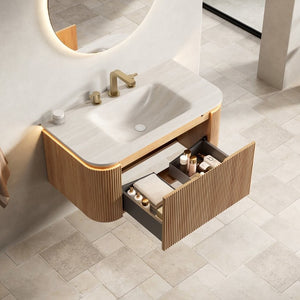 English Elm Dien Floating Bathroom Vanity Sintered Stone Basin Sensor LED Woodgrain Drawer W2615P516636