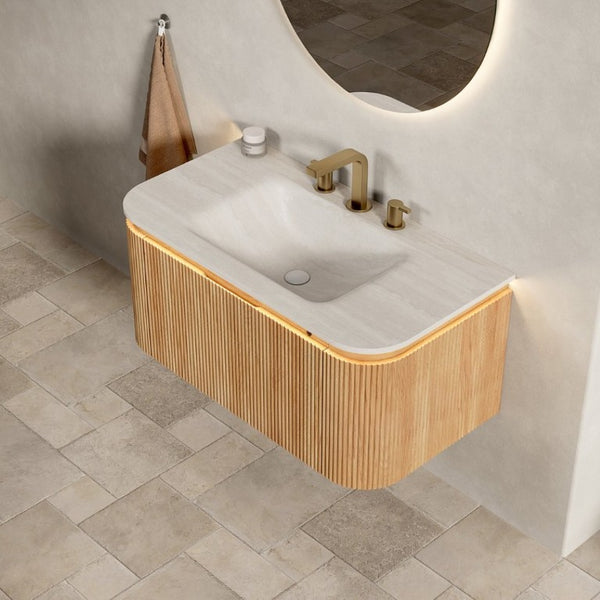 English Elm Dien Floating Bathroom Vanity Sintered Stone Basin Sensor LED Woodgrain Drawer W2615P516636