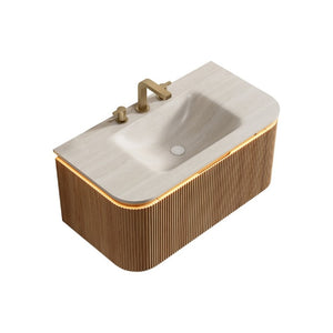 English Elm Dien Floating Bathroom Vanity Sintered Stone Basin Sensor LED Woodgrain Drawer W2615P516636