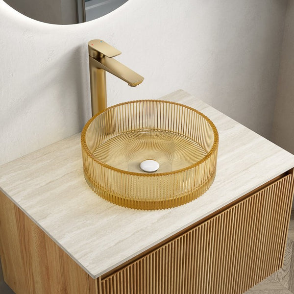 English Elm Sonny Crystal Glass Vessel Sink Round Bowl with Striped Texture for Bathroom Vanity W2615P538467