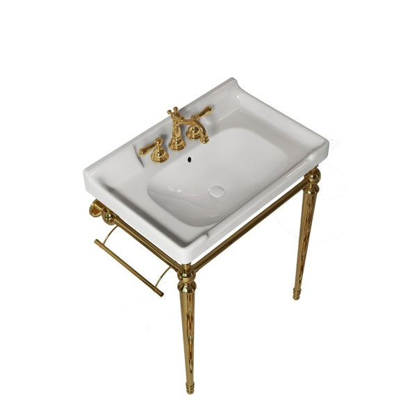 English Elm Vici Wall-Mounted Ceramic Console Sink with Steel Legs and Towel Bar for Bathrooms White Gold W2615S00110