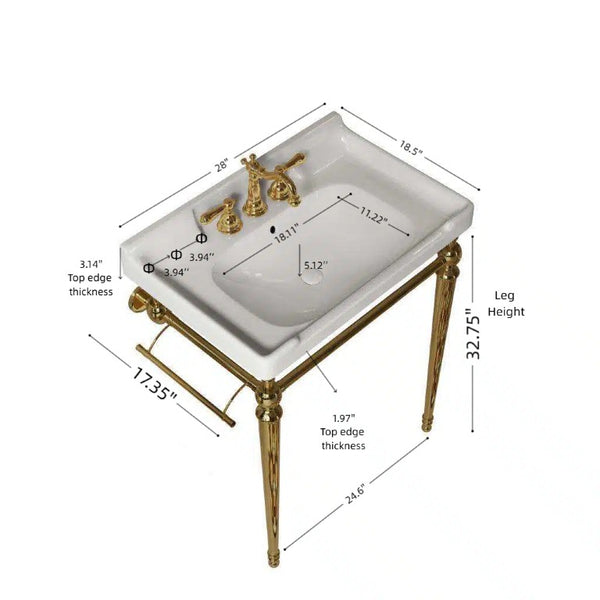 English Elm Vici Wall-Mounted Ceramic Console Sink with Steel Legs and Towel Bar for Bathrooms White Gold W2615S00110