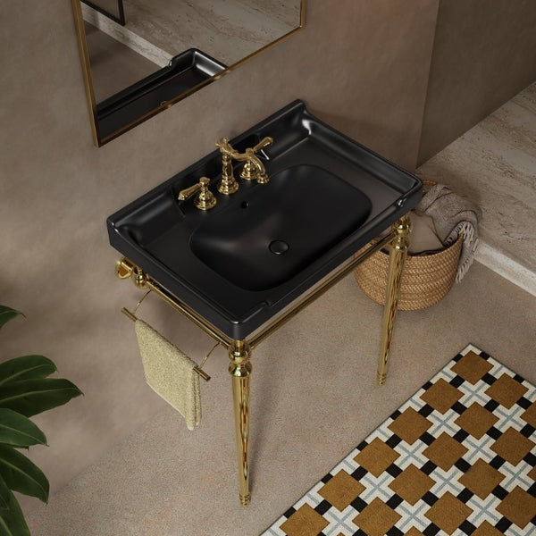 English Elm Vici Wall-Mounted Ceramic Console Sink with Steel Legs and Towel Bar for Bathrooms Black Gold W2615S00111