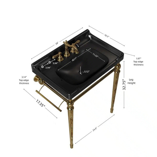 English Elm Vici Wall-Mounted Ceramic Console Sink with Steel Legs and Towel Bar for Bathrooms Black Gold W2615S00111