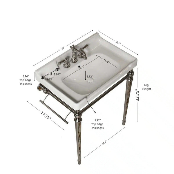English Elm Vici Wall-Mounted Ceramic Console Sink with Steel Legs and Towel Bar for Bathrooms White Chrome W2615S00112