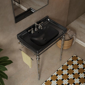 English Elm Vici Wall Mounted Console Sink with Steel Legs Towel Bar and Three Faucet Holes Black, Chrome Ceramic 28 inches W2615S00113