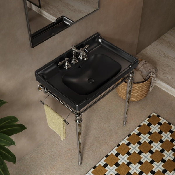 English Elm Vici Wall Mounted Console Sink with Steel Legs Towel Bar and Three Faucet Holes Black, Chrome Ceramic 28 inches W2615S00113