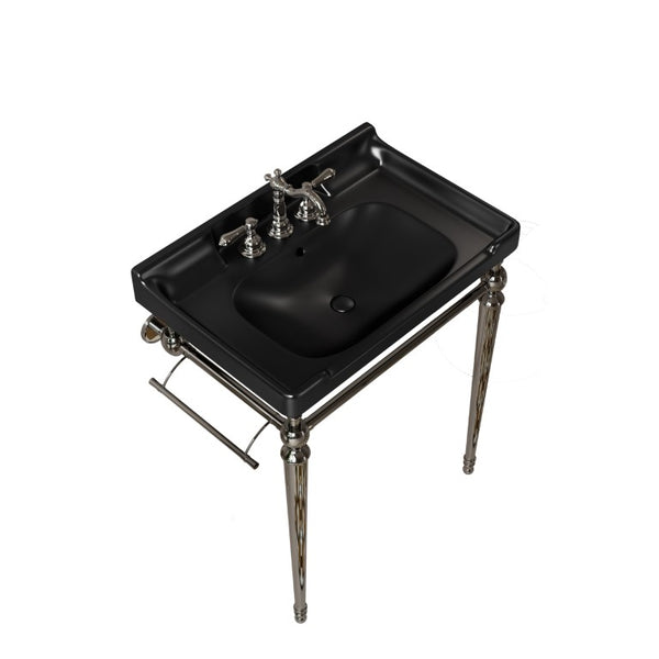English Elm Vici Wall Mounted Console Sink with Steel Legs Towel Bar and Three Faucet Holes Black, Chrome Ceramic 28 inches W2615S00113