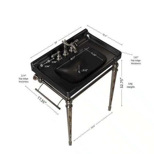 English Elm Vici Wall Mounted Console Sink with Steel Legs Towel Bar and Three Faucet Holes Black, Chrome Ceramic 28 inches W2615S00113