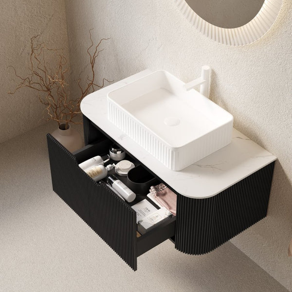 English Elm Dina 36 Inch Floating Bathroom Vanity Matte Black Striped Cabinet with Ceramic Basin W2615S00182
