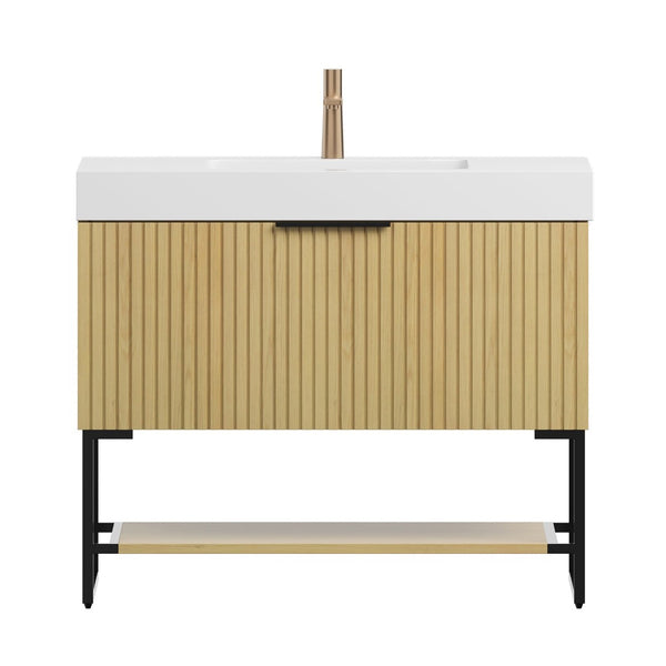 English Elm Yolan 36 Inch Freestanding Bathroom Vanity Plywood Cabinet with Resin Basin Oak Finish W2615S00253