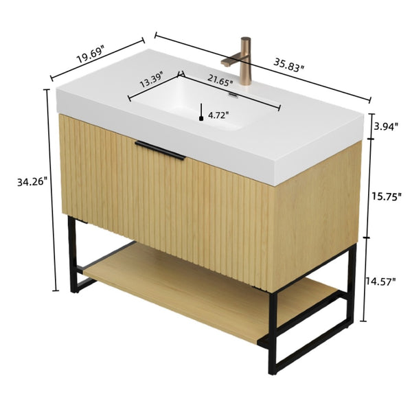 English Elm Yolan 36 Inch Freestanding Bathroom Vanity Plywood Cabinet with Resin Basin Oak Finish W2615S00253