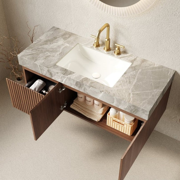 English Elm Muri 48 Inch Floating Bathroom Vanity Plywood Cabinet Oak Sintered Stone Top W2615S00544