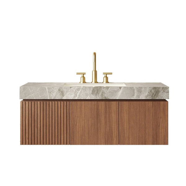 English Elm Muri 48 Inch Floating Bathroom Vanity Plywood Cabinet Oak Sintered Stone Top W2615S00544
