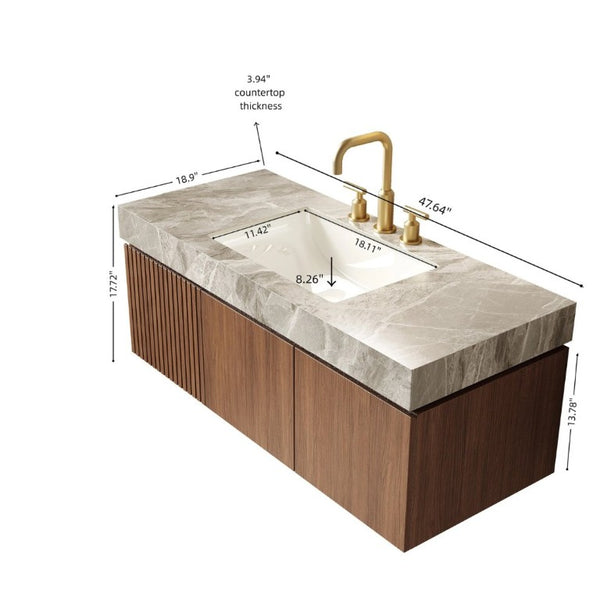 English Elm Muri 48 Inch Floating Bathroom Vanity Plywood Cabinet Oak Sintered Stone Top W2615S00544