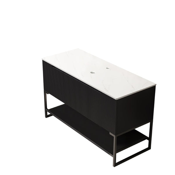 English Elm 48" Tulio Freestanding Vanity with Carrara Sintered Stone Top and Matte Black Cabinet W2615S00567