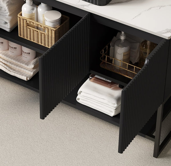English Elm 48" Tulio Freestanding Vanity with Carrara Sintered Stone Top and Matte Black Cabinet W2615S00567