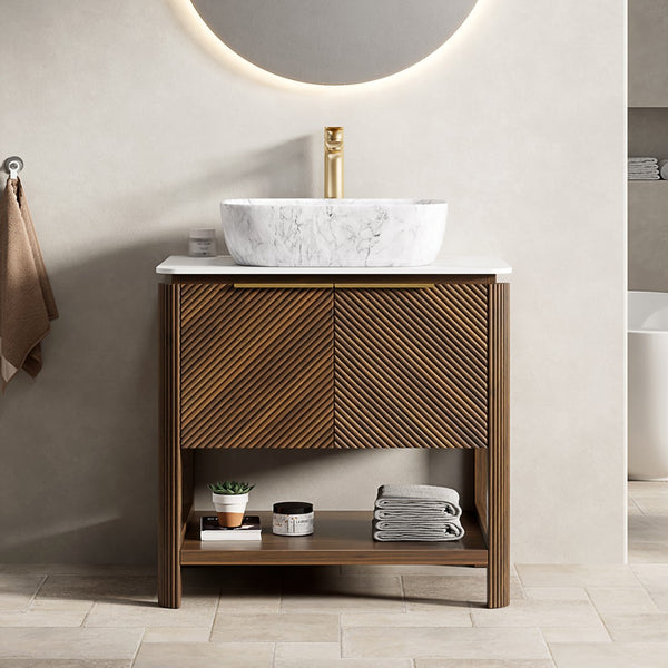 English Elm Indigo 30 Inch Freestanding Bathroom Vanity Fluted Wood Doors Sintered Stone Top Ceramic Sink W2615S00582