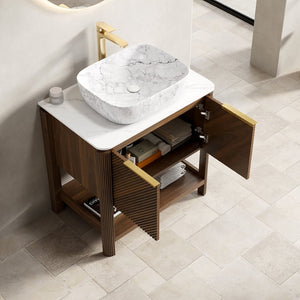 English Elm Indigo 30 Inch Freestanding Bathroom Vanity Fluted Wood Doors Sintered Stone Top Ceramic Sink W2615S00582