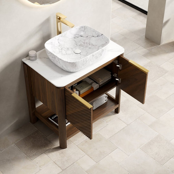 English Elm Indigo 30 Inch Freestanding Bathroom Vanity Fluted Wood Doors Sintered Stone Top Ceramic Sink W2615S00582