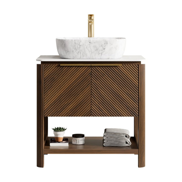 English Elm Indigo 30 Inch Freestanding Bathroom Vanity Fluted Wood Doors Sintered Stone Top Ceramic Sink W2615S00582