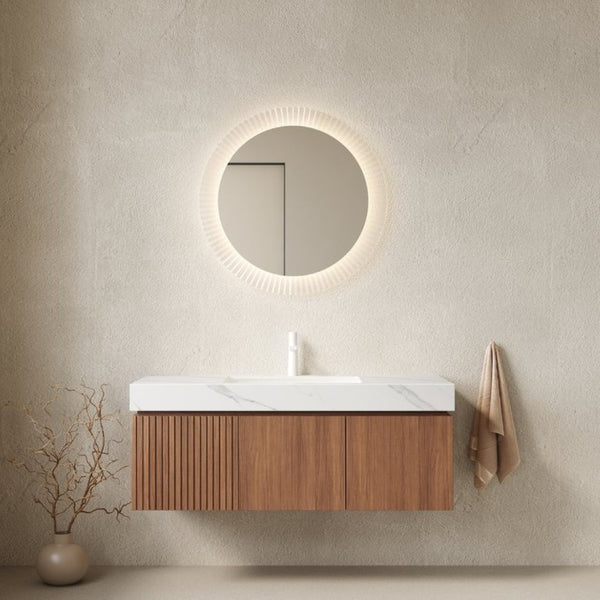 English Elm Muri Floating Bathroom Vanity Oak Woodgrain Plywood Cabinet Sintered Stone Top W2615S00621