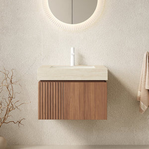 English Elm Muri Floating Bathroom Vanity Plywood Cabinet Travertine Stone Top Ceramic Basin Warm Oak W2615S00669
