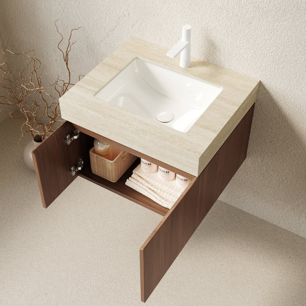 English Elm Muri Floating Bathroom Vanity Plywood Cabinet Travertine Stone Top Ceramic Basin Warm Oak W2615S00669