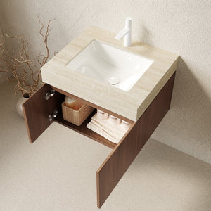 English Elm Muri Floating Bathroom Vanity Plywood Cabinet Travertine Stone Top Ceramic Basin Warm Oak W2615S00669