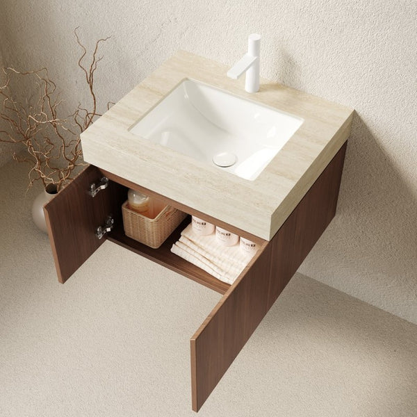English Elm Muri Floating Bathroom Vanity Plywood Cabinet Travertine Stone Top Ceramic Basin Warm Oak W2615S00669