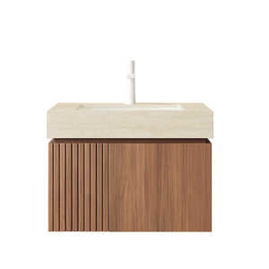 English Elm Muri Floating Bathroom Vanity Plywood Cabinet Travertine Stone Top Ceramic Basin Warm Oak W2615S00669