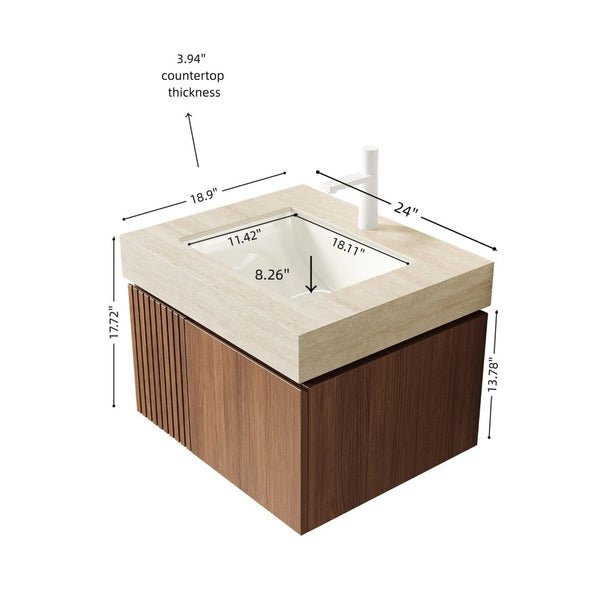 English Elm Muri Floating Bathroom Vanity Plywood Cabinet Travertine Stone Top Ceramic Basin Warm Oak W2615S00669