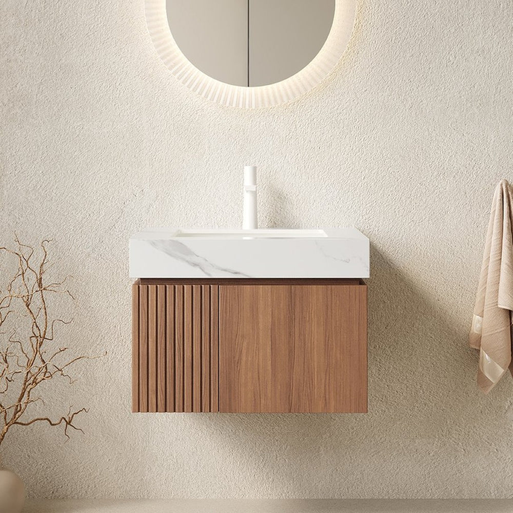 English Elm Muri Floating Bathroom Vanity with Sintered Stone Top and Oak Woodgrain Cabinet Doors W2615S00670