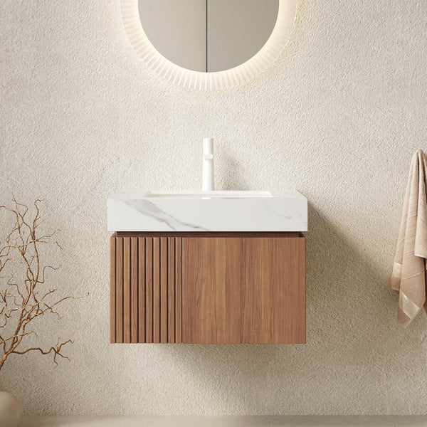 English Elm Muri Floating Bathroom Vanity with Sintered Stone Top and Oak Woodgrain Cabinet Doors W2615S00670