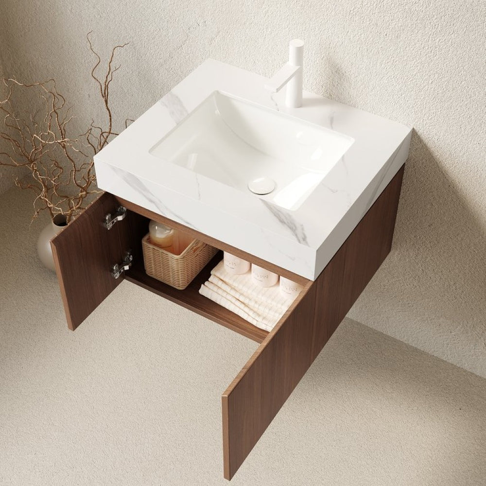 English Elm Muri Floating Bathroom Vanity with Sintered Stone Top and Oak Woodgrain Cabinet Doors W2615S00670
