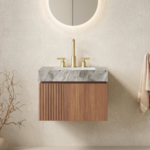 English Elm Muri Floating Bathroom Vanity Plywood Cabinet Oak Woodgrain Sintered Stone Top W2615S00671