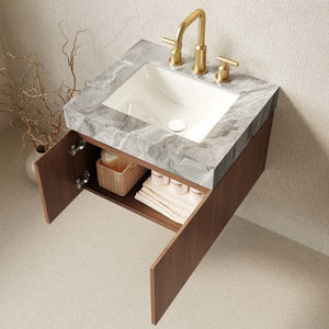 English Elm Muri Floating Bathroom Vanity Plywood Cabinet Oak Woodgrain Sintered Stone Top W2615S00671