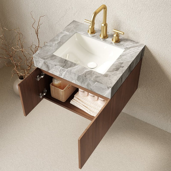 English Elm Muri Floating Bathroom Vanity Plywood Cabinet Oak Woodgrain Sintered Stone Top W2615S00671
