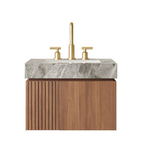 English Elm Muri Floating Bathroom Vanity Plywood Cabinet Oak Woodgrain Sintered Stone Top W2615S00671